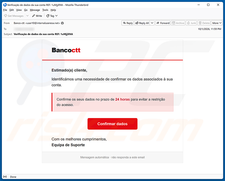 Campanha de spam por e-mail Banco CTT golpe de e-mail