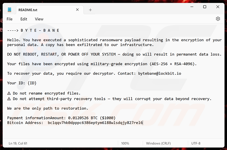 Nota de resgate do ransomware ByteBane (README.txt)