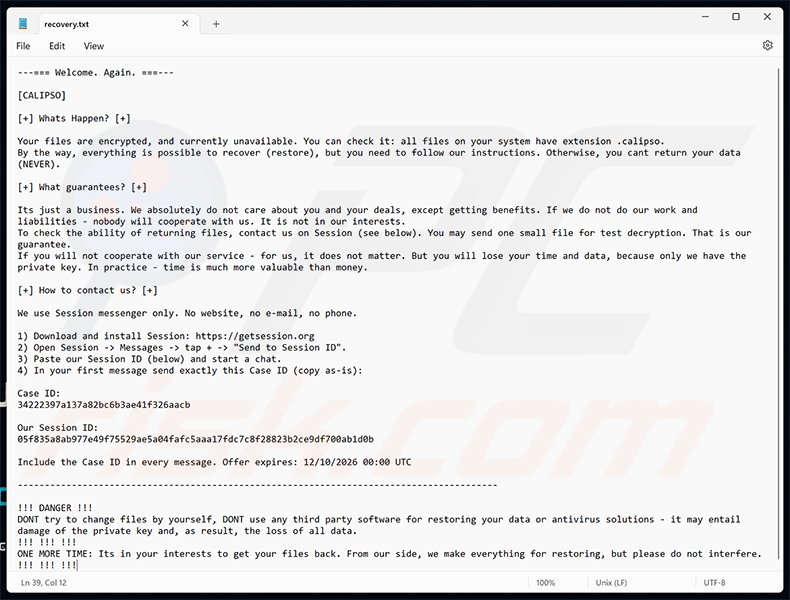 Nota de resgate do ransomware Calipso (recovery.txt)