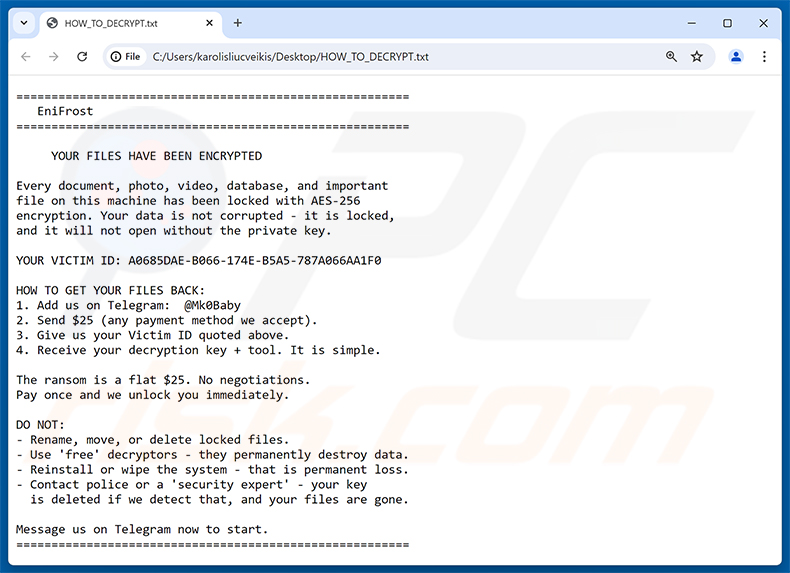 Nota de resgate do ransomware EniFrost (HOW_TO_DECRYPT.txt)