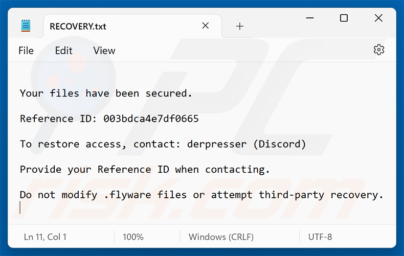 Nota de resgate do ransomware Flyware (RECOVERY.txt)