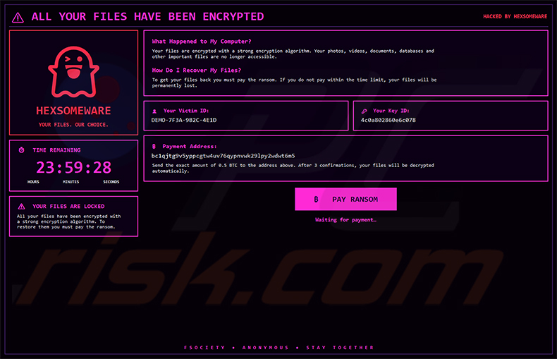 Janela pop-up em ecrã inteiro do ransomware Hexsomeware