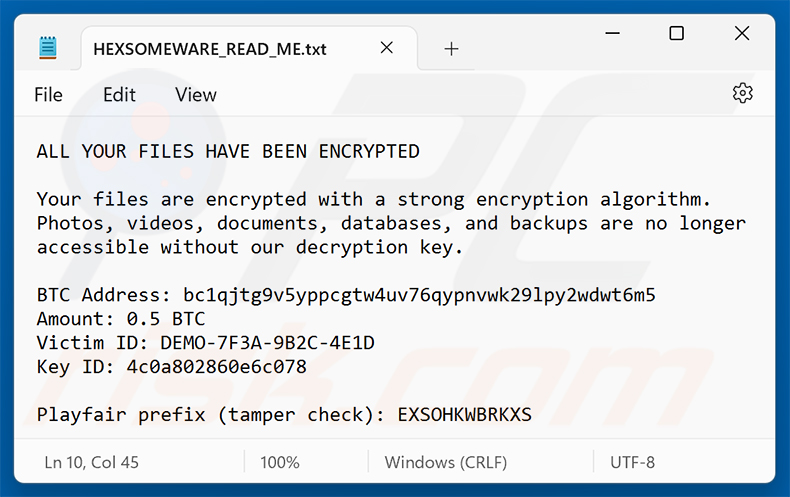 Ficheiro de texto do ransomware Hexsomeware (HEXSOMEWARE_READ_ME.txt)