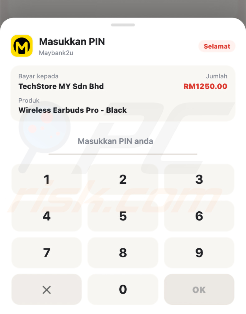 Página de sobreposição de pagamento falsa do Hirudo com a marca Maybank