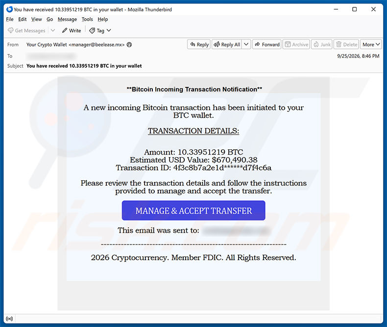 Campanha de spam por e-mail Incoming Bitcoin Transaction golpe de e-mail