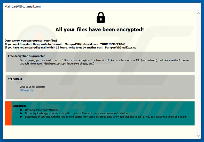Nota de resgate em janela pop-up do ransomware MAIN