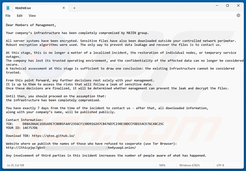 Nota de resgate do MAJIN ransomware (README.txt)