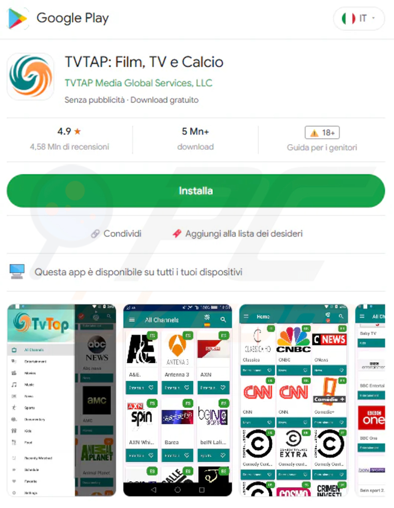 Página falsa da Google Play Store que se faz passar pela TVTap utilizada para distribuir o trojan bancário RemControl