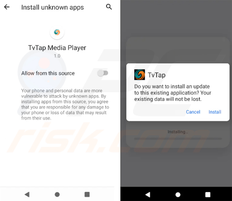 Ecrã falso de atualização da TVTap apresentado pelo dropper do trojan bancário RemControl