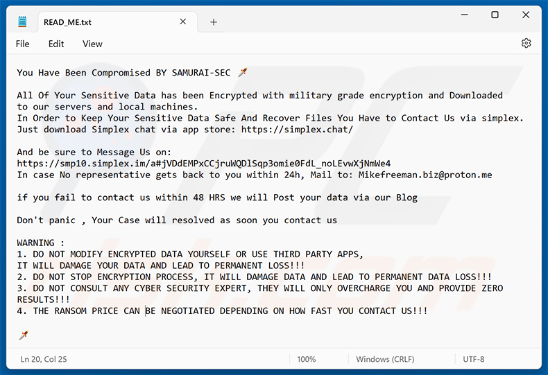 Nota de resgate do ransomware SAMURAI-SEC (READ_ME.txt)