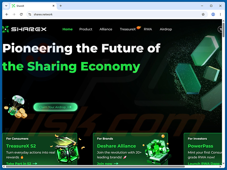 Website real relacionado com o ShareX Airdrop golpe (sharex.network)