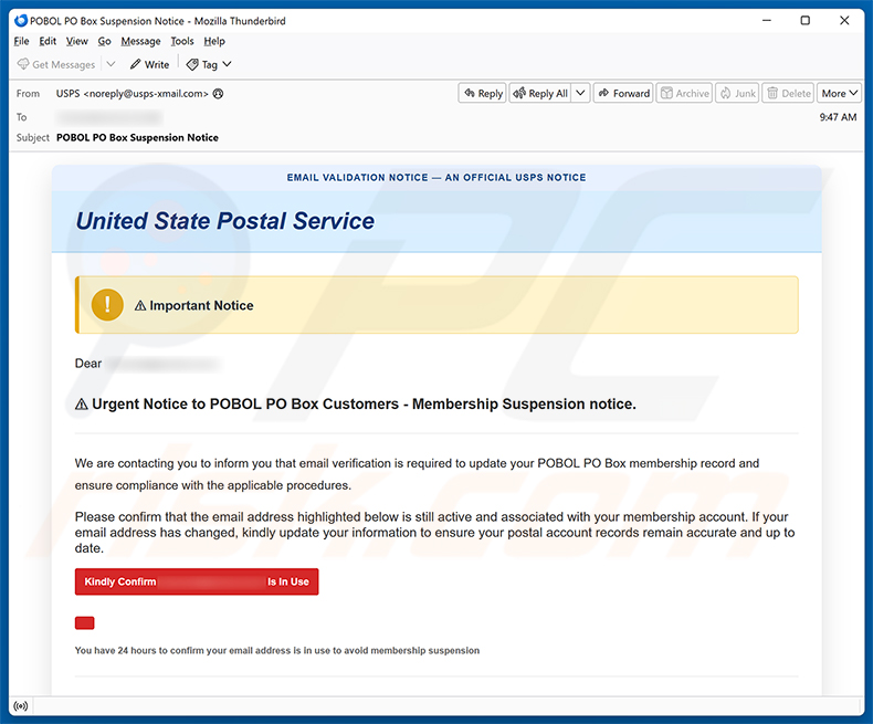 USPS POBOL Membership Suspension Notice golpe de e-mail - campanha de spam por e-mail
