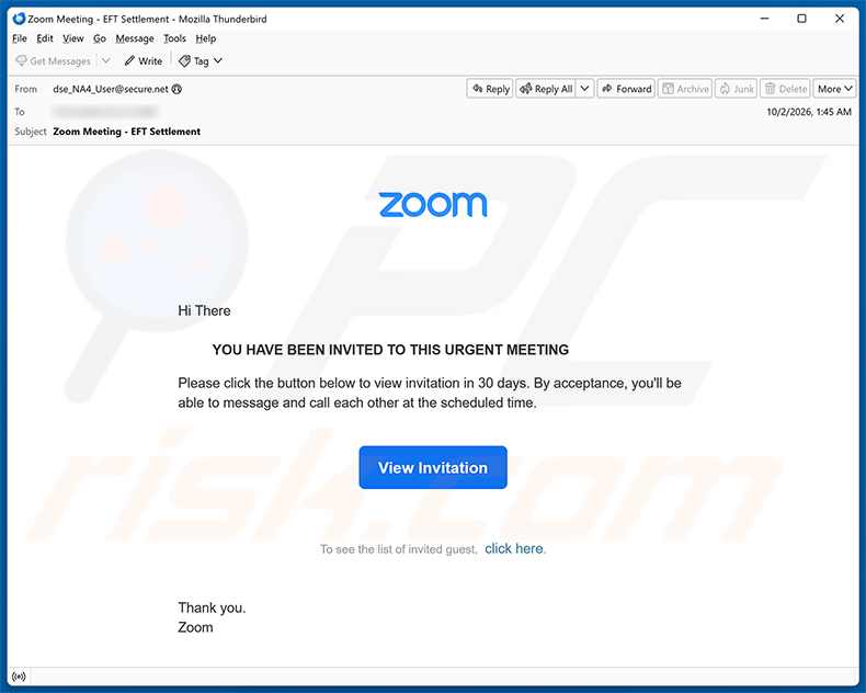 Campanha de spam por e-mail Zoom Meeting Invitation Email Virus