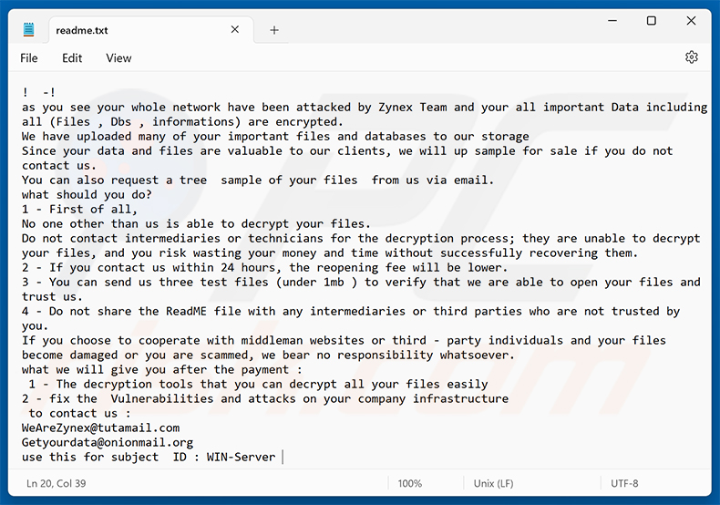 Nota de resgate do ransomware Zynex (readme.txt)