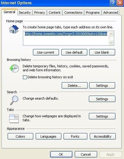barra de ferramentas sweetim no Internet Explorer