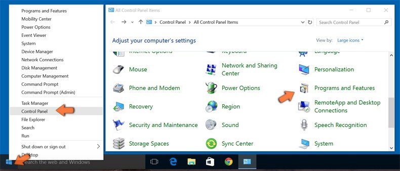 Acedendo a Programas e Funcionalidades (desinstalar) no Windows 10