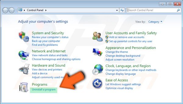 Painel de Controlo do Windows 7 - desinstale um programa