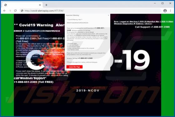 POP-UP da fraude Covid19 Warning Alert