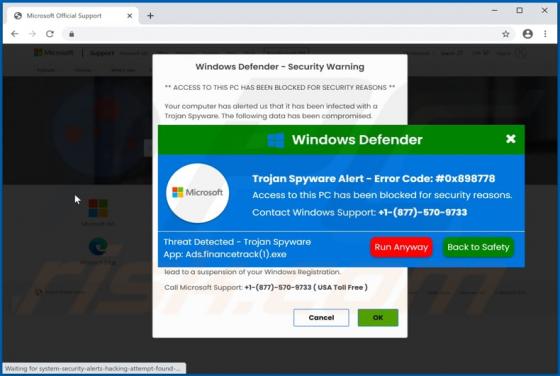 POP-UP da fraude Trojan Spyware Alert