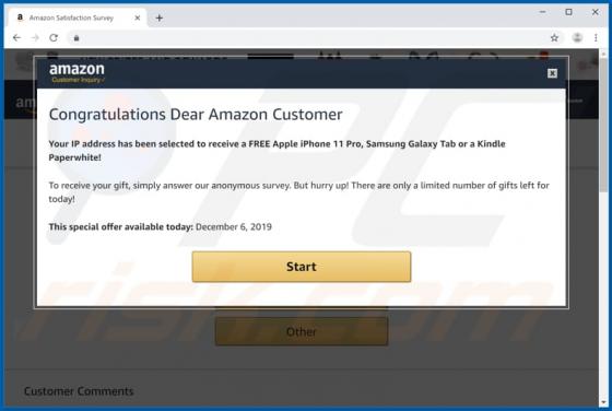 POP-UP da fraude Congratulations Dear Amazon Customer