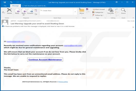 Fraude de Email Last Warning: Upgrade Your Email To Avoid Shutting Down