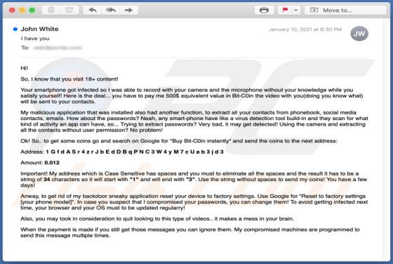 Fraude por e-mail I Know That You Visit 18+ Content