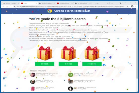 POP-UP da fraude Chrome Search Contest 2021
