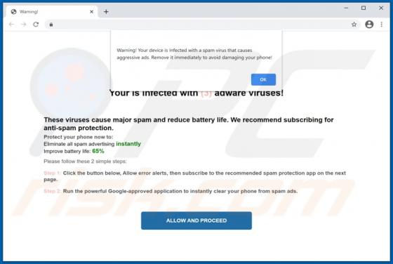 POP-UP da fraude Your Device Is Infected With A Spam Virus