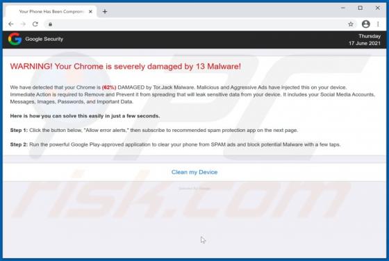 POP-UP da fraude Your Chrome Is Severely Damaged By 13 Malware!