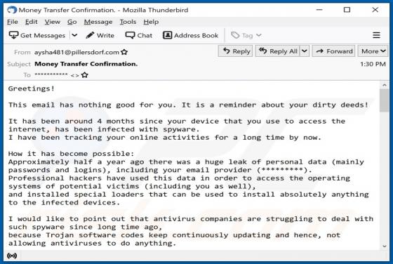 Email da fraude Reminder About Your Dirty Deeds!