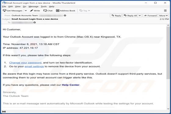 Fraude por Email Your Outlook Account Was Logged In Email