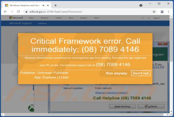 POP-UP da fraude Critical Framework Error