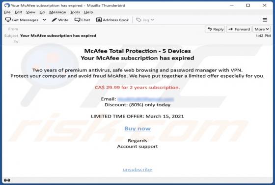 Fraude McAfee Subscription Has Expired Email