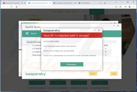 POP-UP da fraude Kaspersky - Your PC Is infected With 5 viruses!