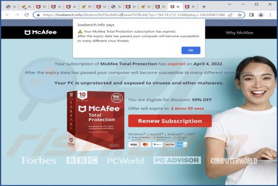 POP-UP da fraude McAfee Total Protection Has Expired