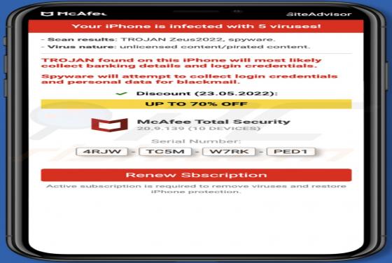 POP-UP da Fraude McAfee - Your Iphone Is Infected With 5 Viruses!(Mac)