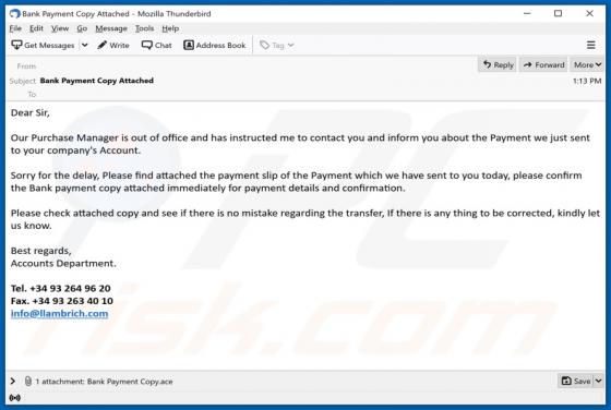 Vírus Bank Payment Copy Email