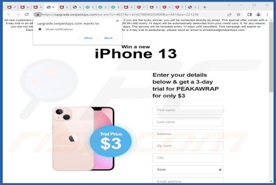 POP-UP da Fraude Win A New iPhone 13