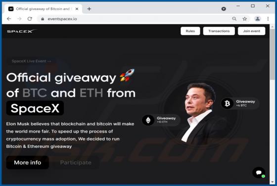 POP-UP da Fraude SpaceX BTC And ETH Giveaway