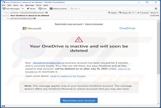 Fraude por Email Your OneDrive Is Inactive And Will Soon Be Deleted