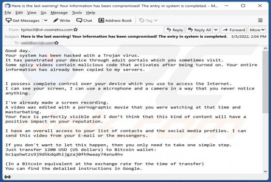 Fraude por Email Your System Has Been Hacked With A Trojan Virus