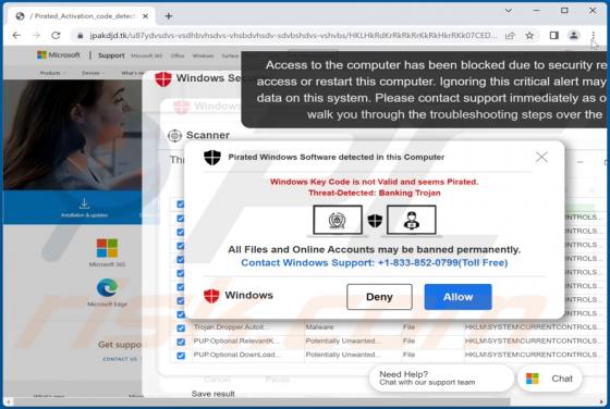 POP-UP da Fraude Pirated Windows Software Detected In This Computer