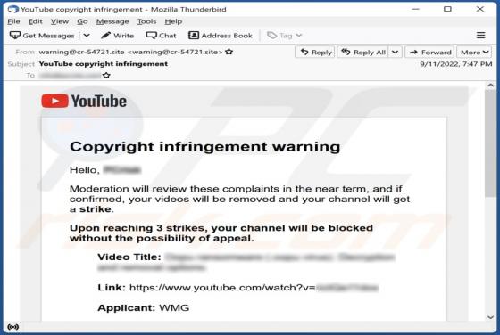 Vírus por Email YouTube Copyright Infringement Warning