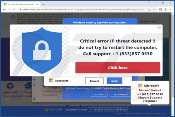 Fraude POP-UP Critical Error IP Threat Detected