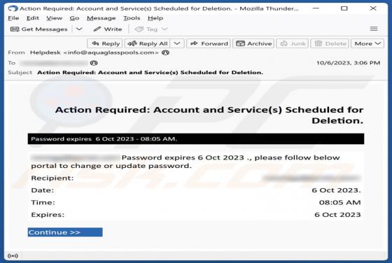 Fraude por Email Account And Service(s) Scheduled For Deletion