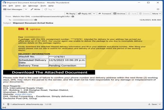 Fraude por Email DHL Express - Incomplete Delivery Address