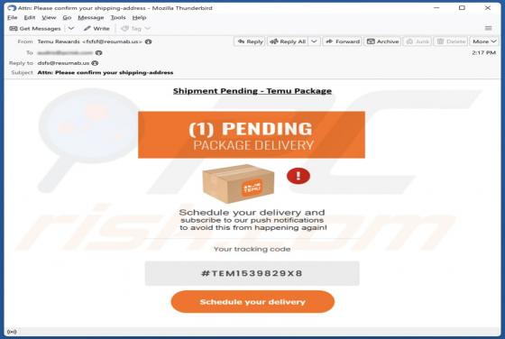 Fraude por Email Temu - Pending Package Delivery