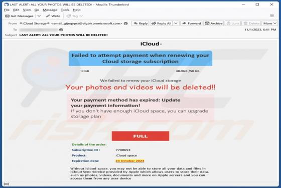 Fraude por Email Your iCloud Photos And Videos Will Be Deleted