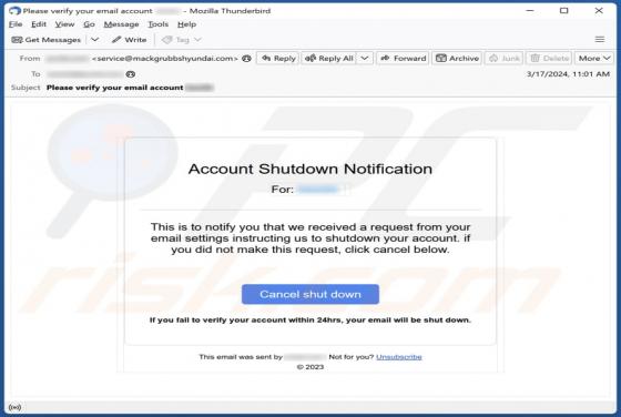 Fraude por Email Account Shutdown Notification