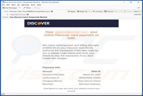 Fraude por Email Discover Card Payment On Hold